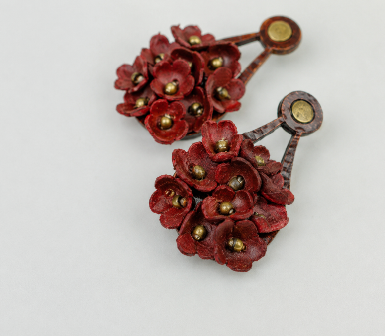 Hydrangea Cluster Leather Drop Earrings — Burgundy