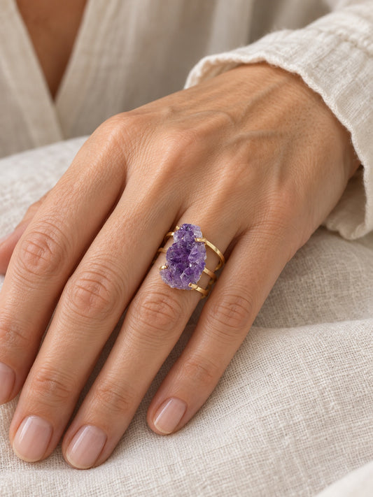 Amethyst Druzy 18k Gold Vermeil Adjustable Ring