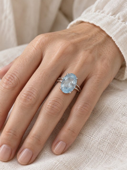 Faceted Aquamarine 925 Sterling Silver Statement Ring