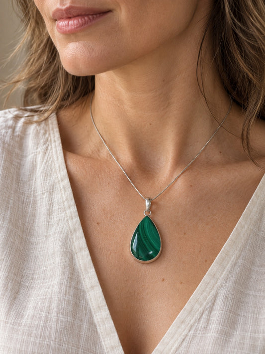 Malachite 925 Sterling Silver Teardrop Pendant Necklace