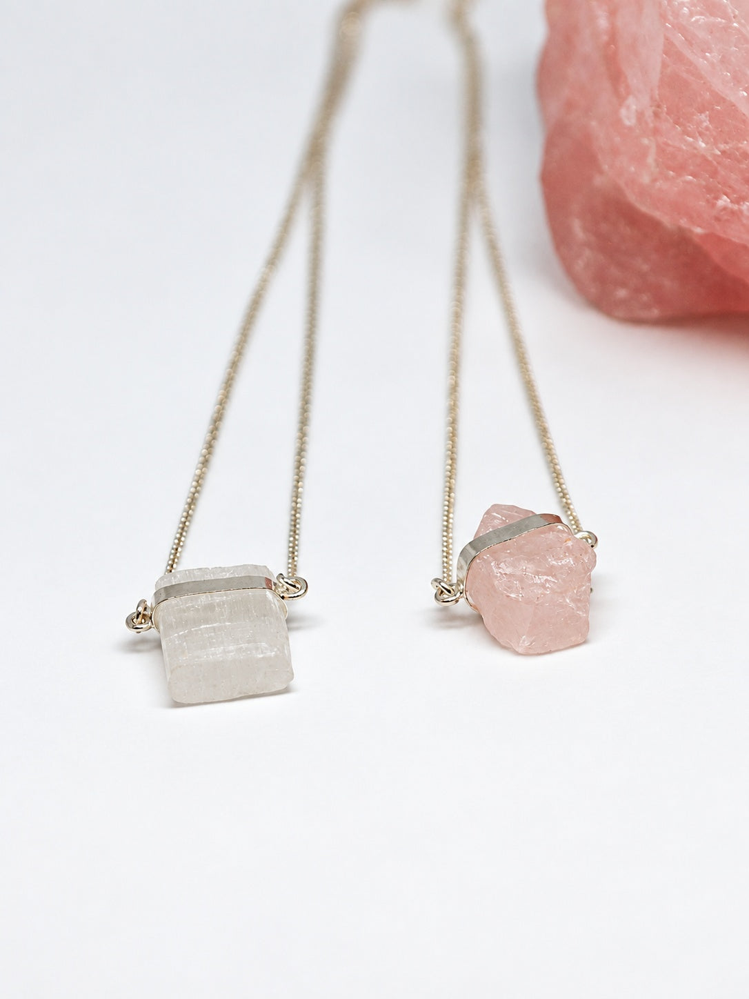 Selenite and Rose Quartz 925 Sterling Silver Scapular Necklace