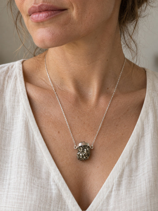 Pyrite and Clear Quartz 925 Sterling Silver Scapular Necklace