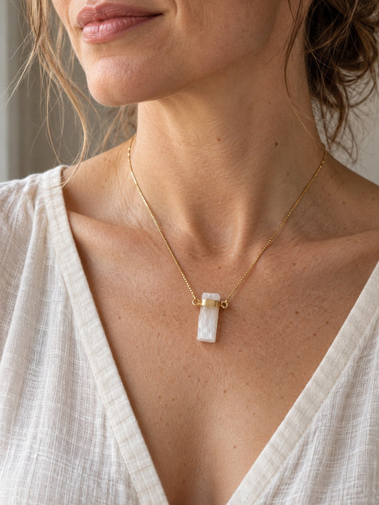 Selenite Bar 18k Gold Vermeil Pendant Necklace