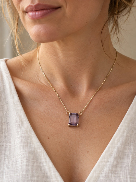 Faceted Amethyst 925 Sterling Silver Square Pendant Necklace