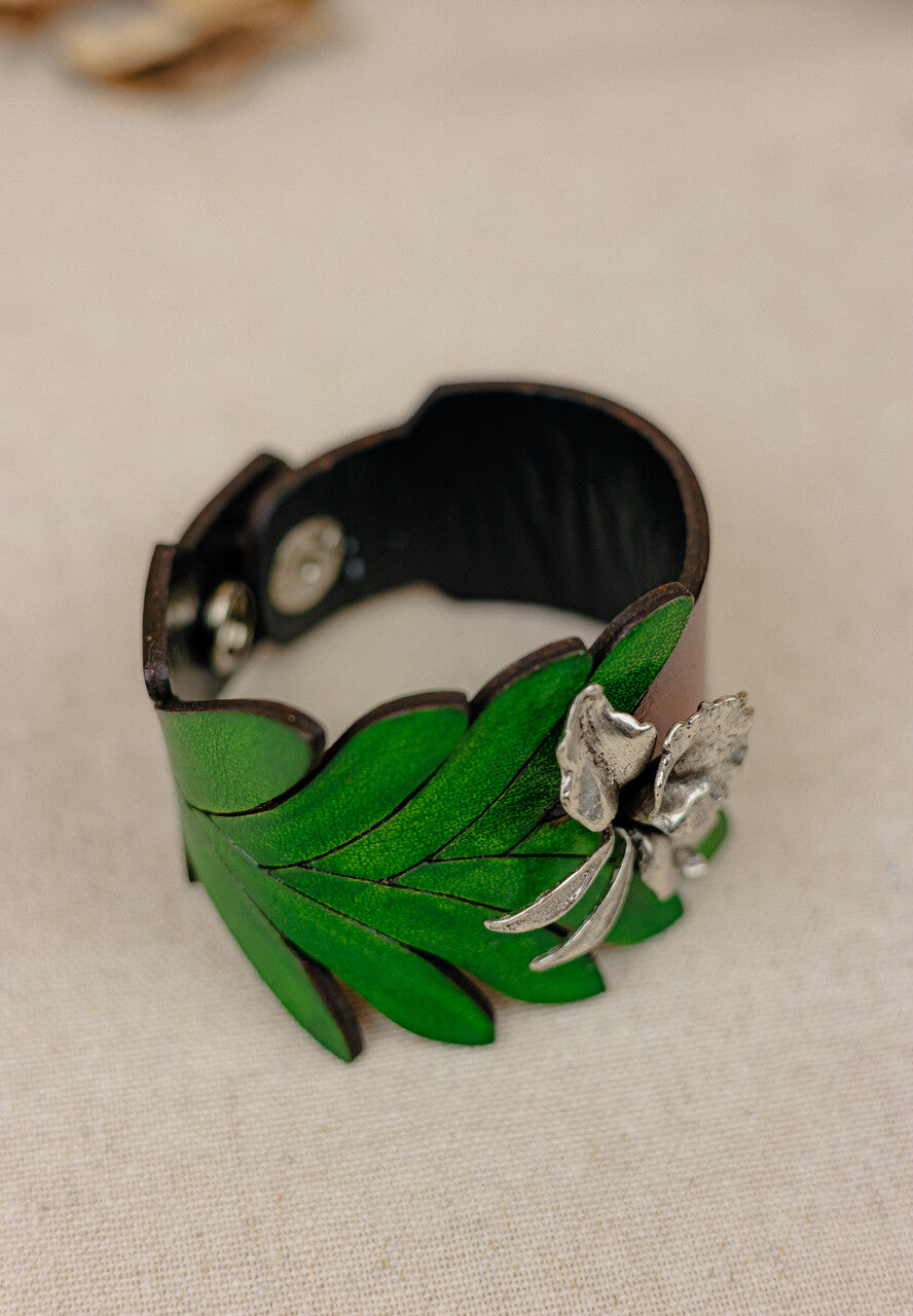 Silver Orchid & Leaf Leather Cuff Bracelet — Tan