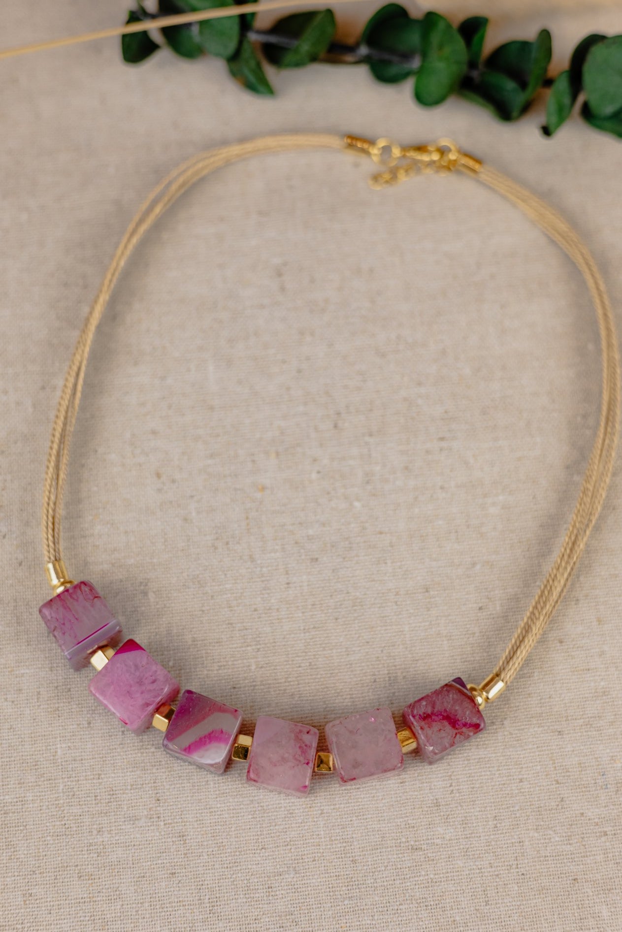 Buriti Palm Necklace with Pink Agate Cubes