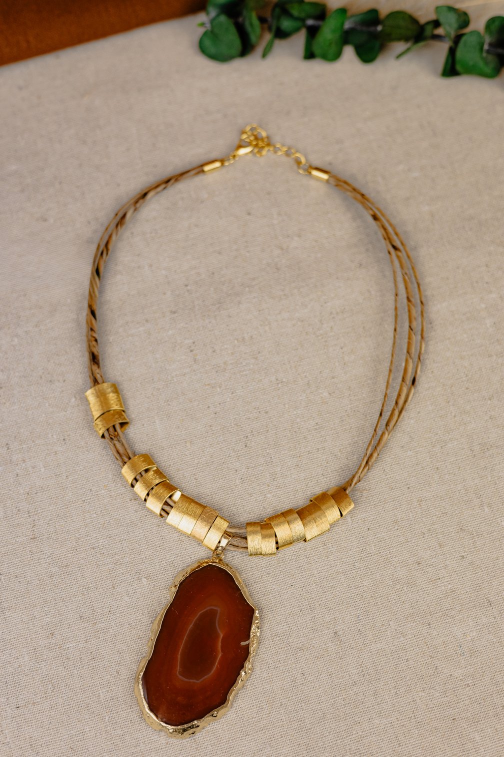 Buriti Palm Necklace with Gold-Rimmed Agate Slice Pendant