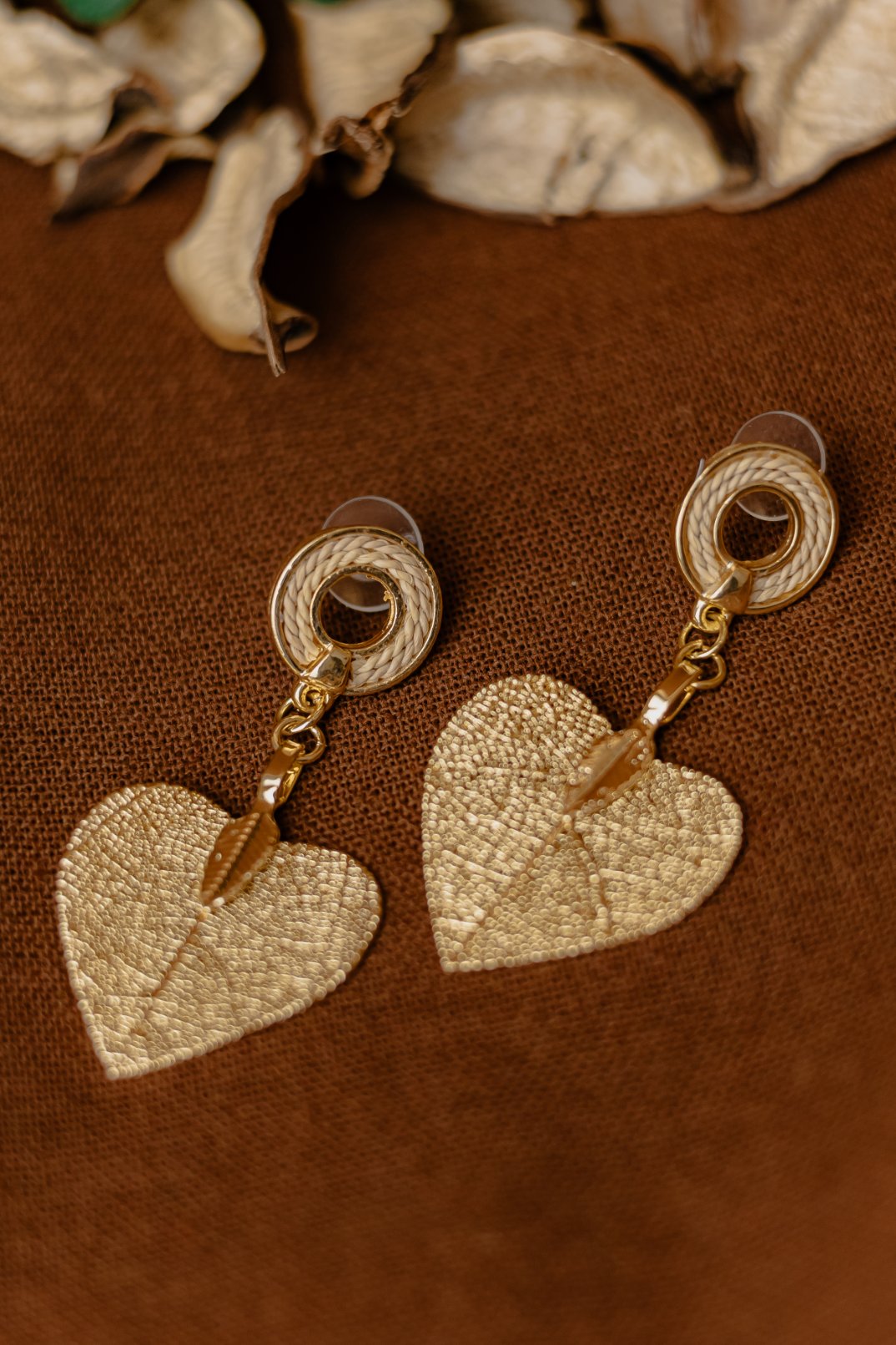 Buriti Palm Stud & Gold Heart Leaf Drop Earrings