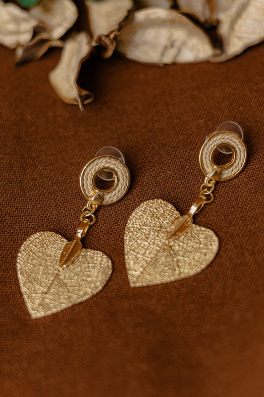 Buriti Palm Stud & Gold Heart Leaf Drop Earrings