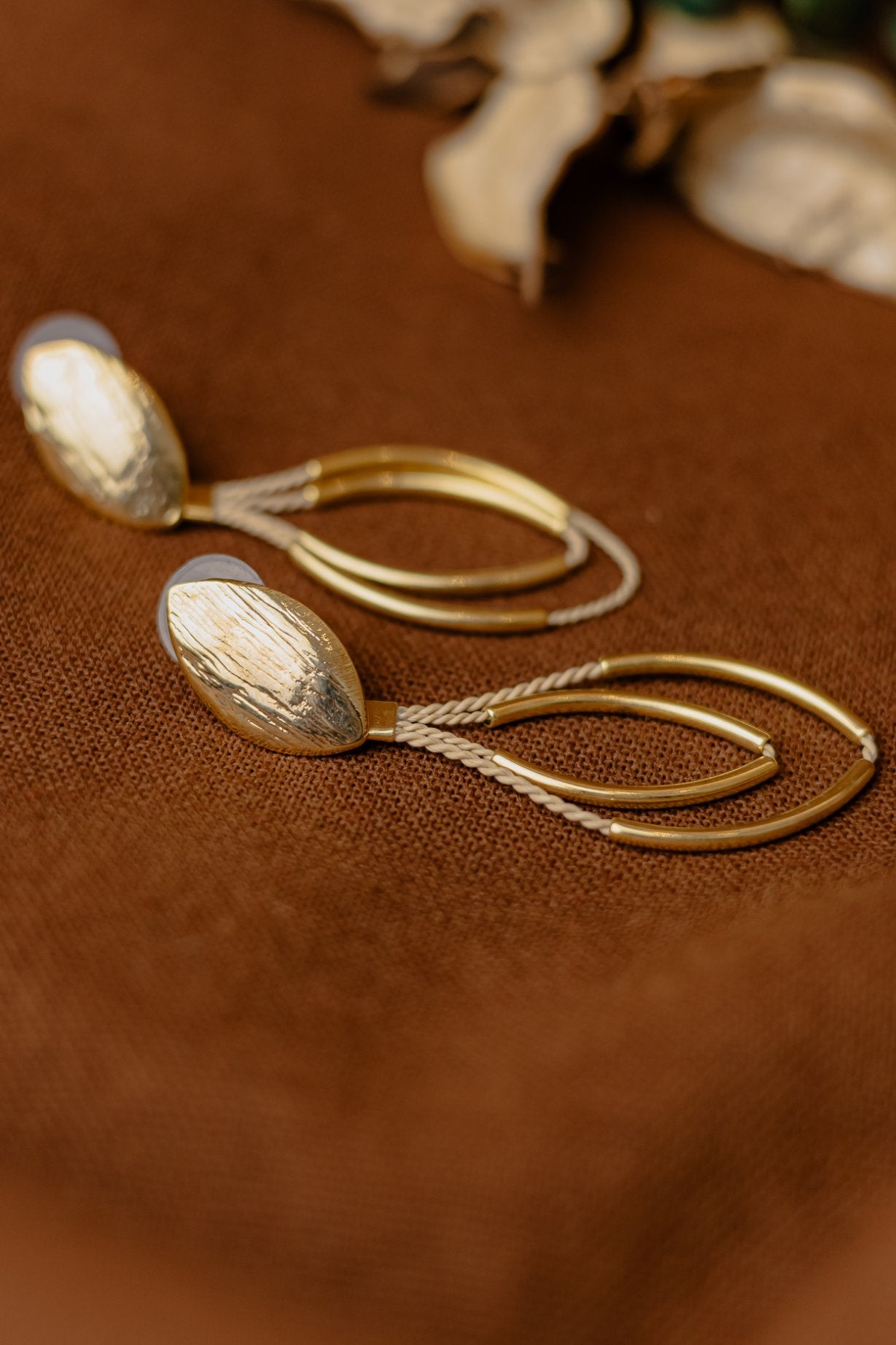 Buriti Palm Oval Stud & Gold Teardrop Loop Drop Earrings