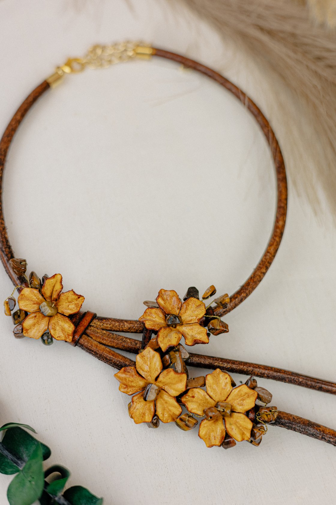 Orchid & Tiger's Eye Leather Cord Necklace — Amber
