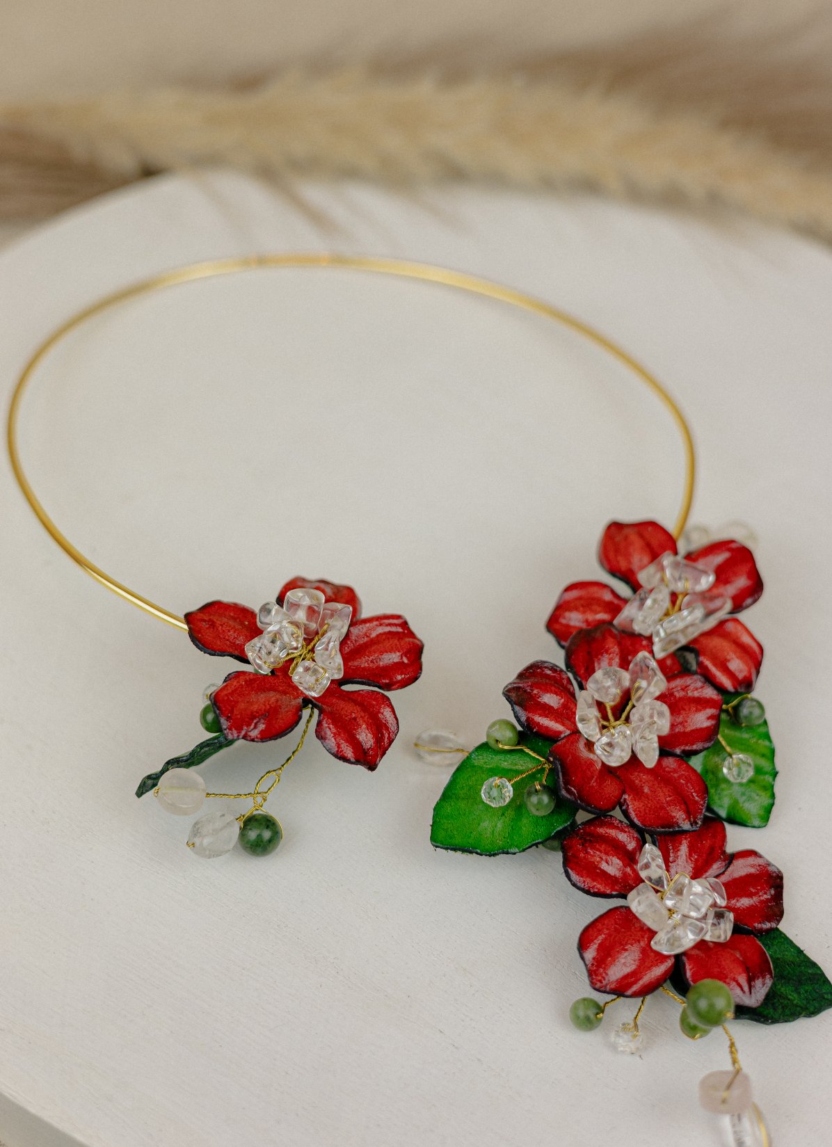 Red Hibiscus & Crystal Leather Collar Necklace — Gold Wire