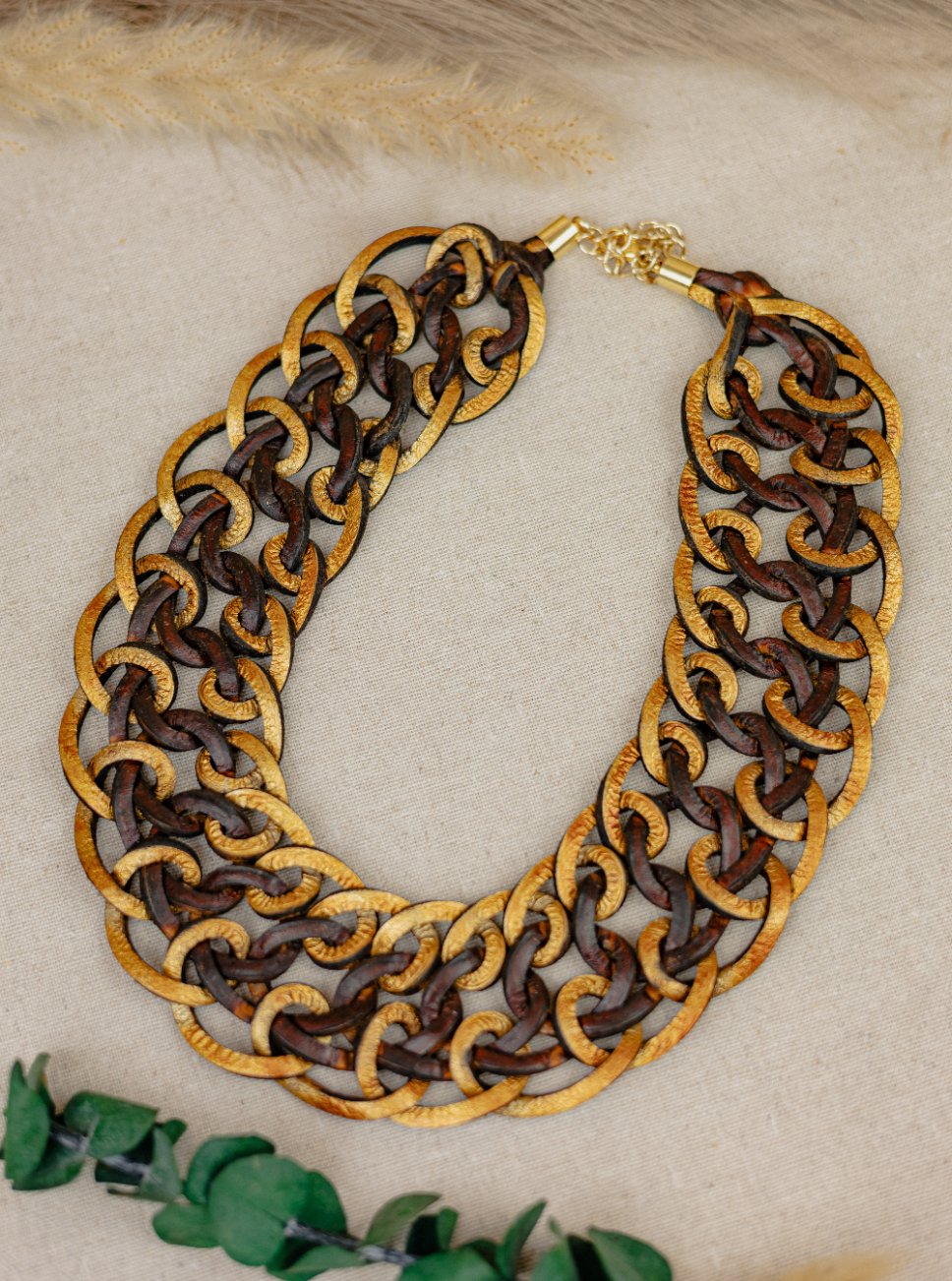 Leather Interlocking Ring Collar – Brown & Gold