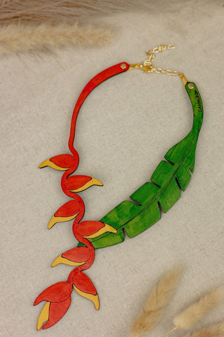 Leather Heliconia Statement Necklace – Red & Green