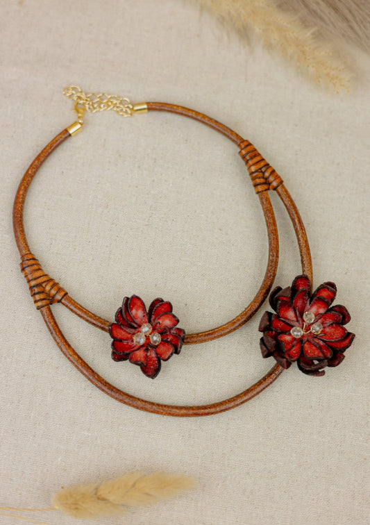 Leather Double-Strand Lotus Necklace – Red