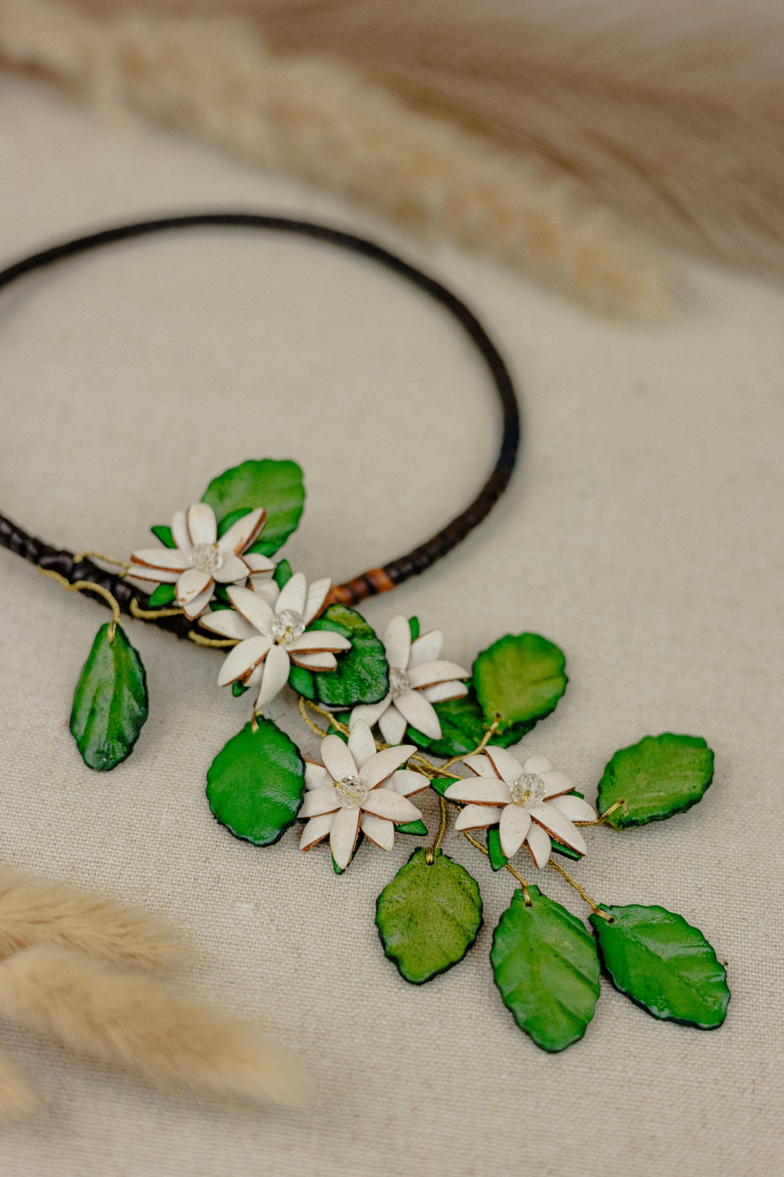 Orange Blossom Crystal Leather Necklace, Ivory
