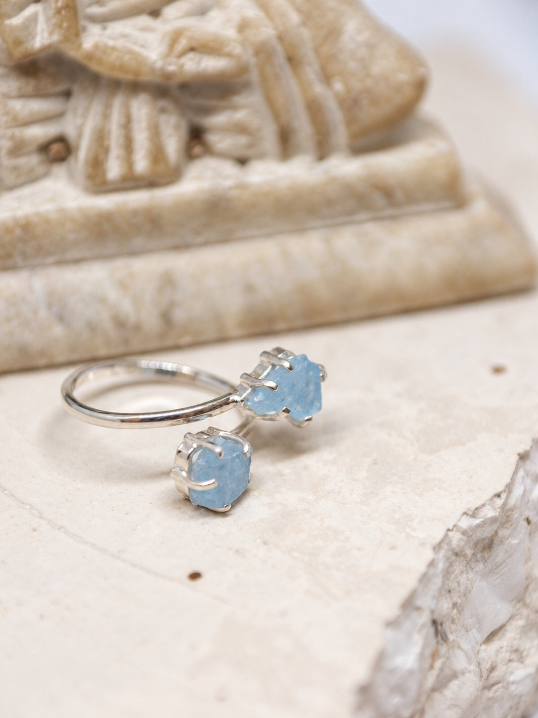 Raw Aquamarine 925 Sterling Silver Double Stone Bypass Ring