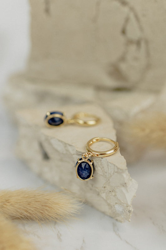 Deep Blue Sodalite Oval Huggie Hoop Earrings (Gold)