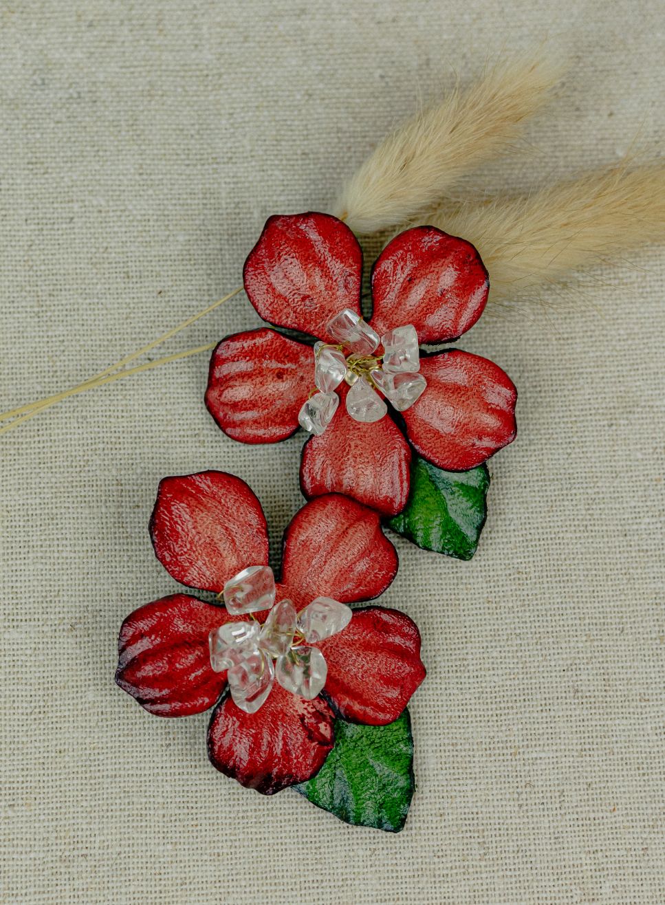 Hibiscus & Crystal Leather Stud Earrings — Red