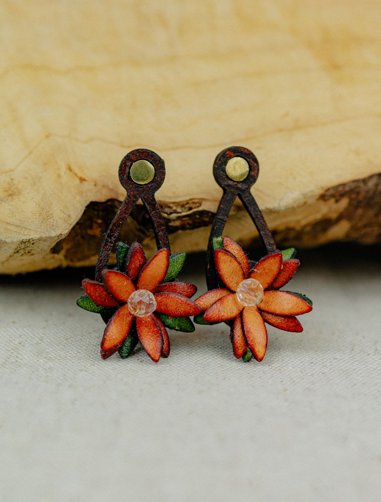 Orange Blossom Crystal Leather Drop Earrings, Terracotta