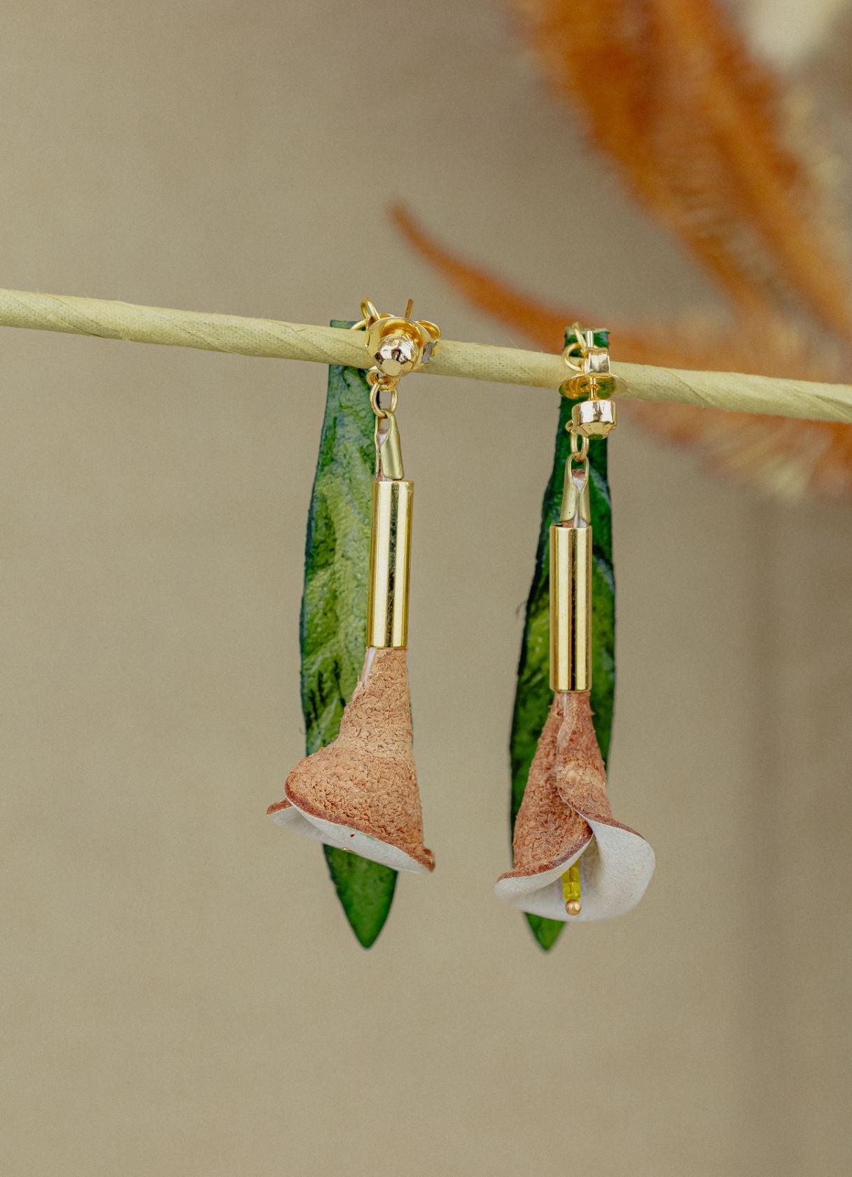 Calla Lily & Gold Leather Drop Earrings — Blush & White