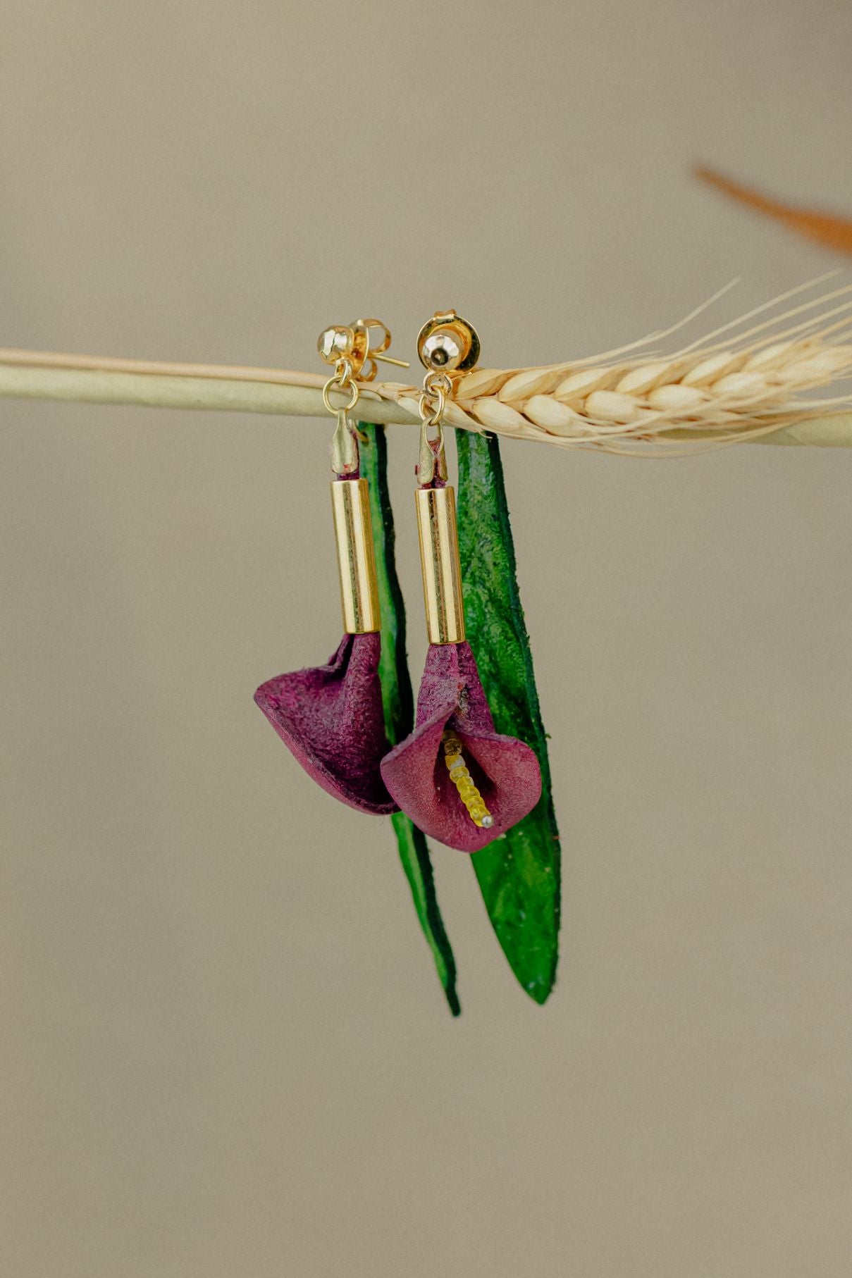 Calla Lily & Gold Leather Drop Earrings — Purple & Green