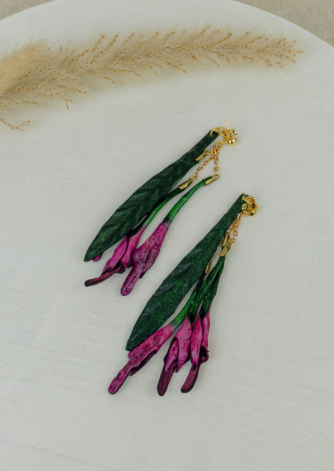 Tropical Bud Leather Drop Earrings — Dark Green & Magenta