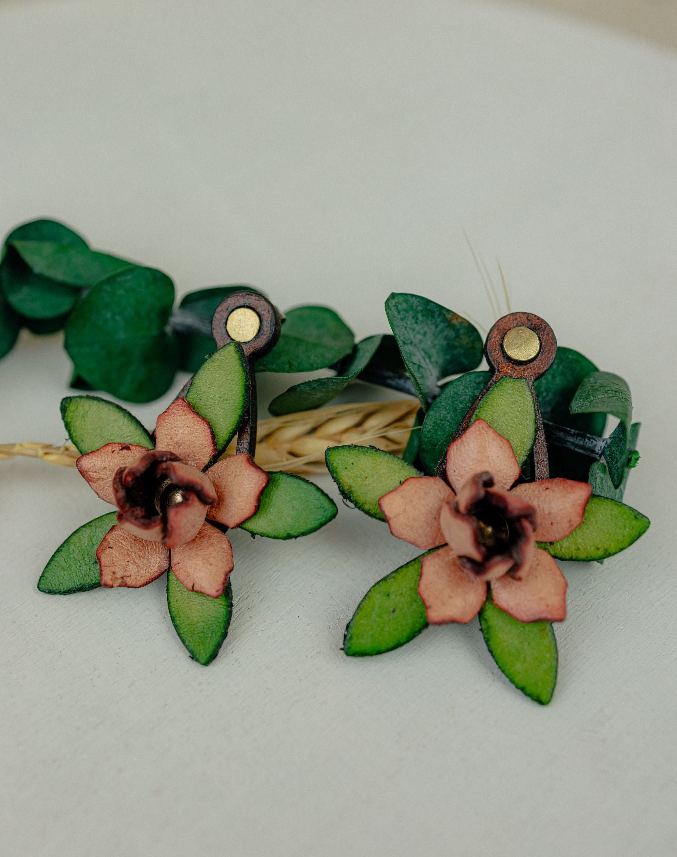 Magnolia & Leaf Leather Drop Earrings — Blush