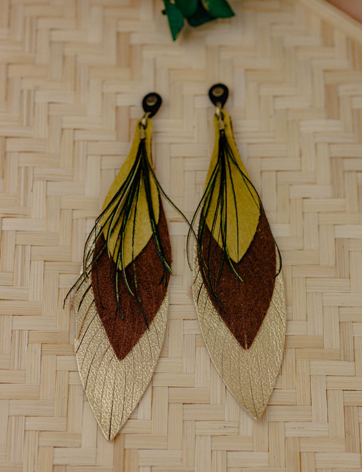 Feather Leather Drop Earrings — Gold, Camel & Lime