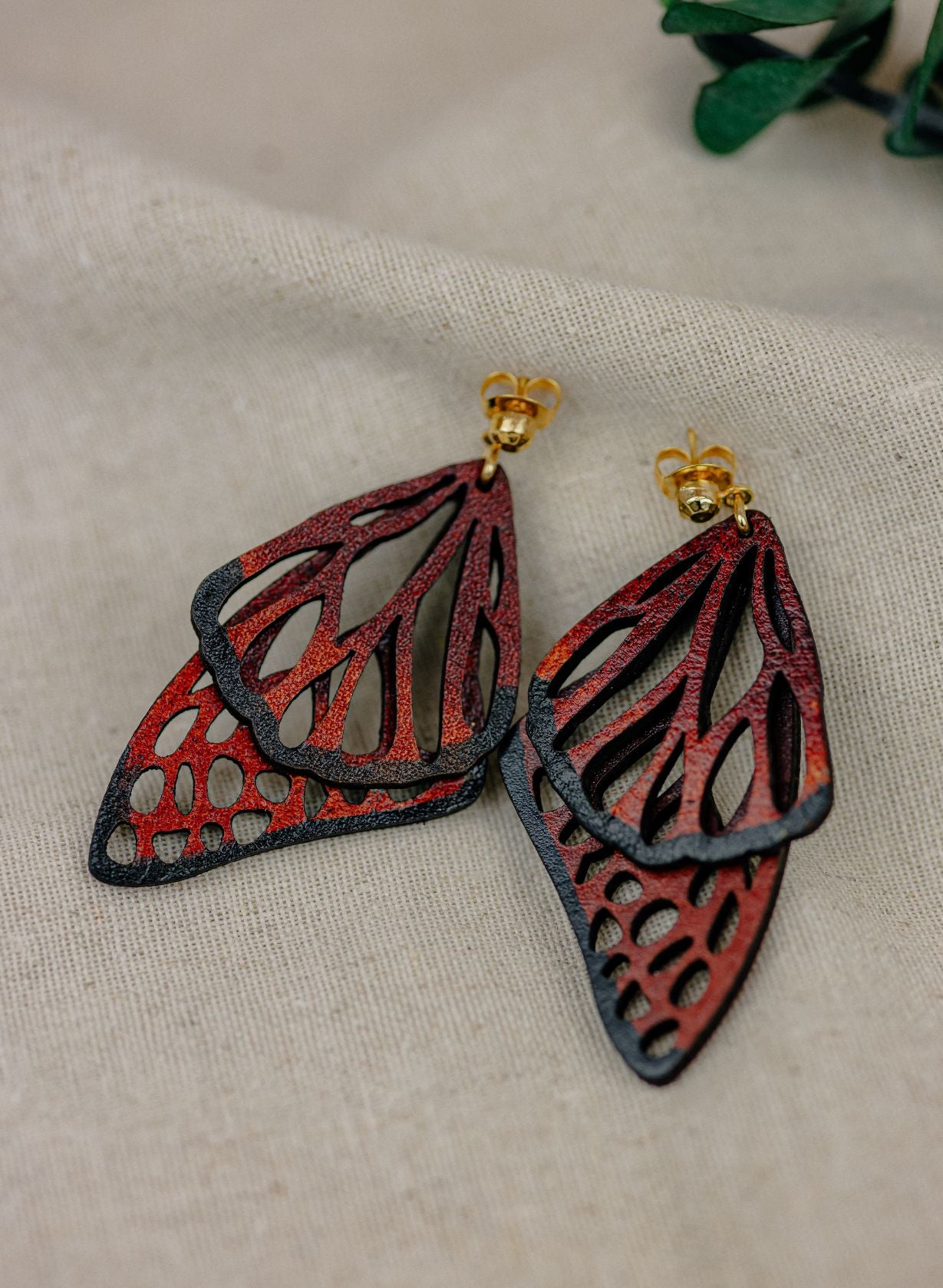 Butterfly Wing Leather Drop Earrings — Red & Black