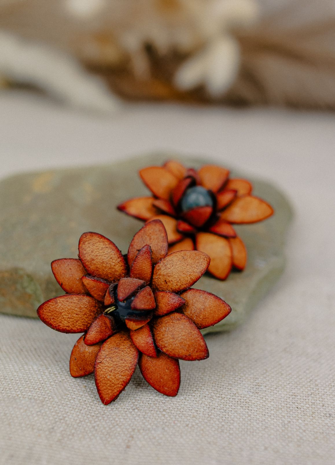 Dahlia & Gemstone Leather Stud Earrings — Terracotta