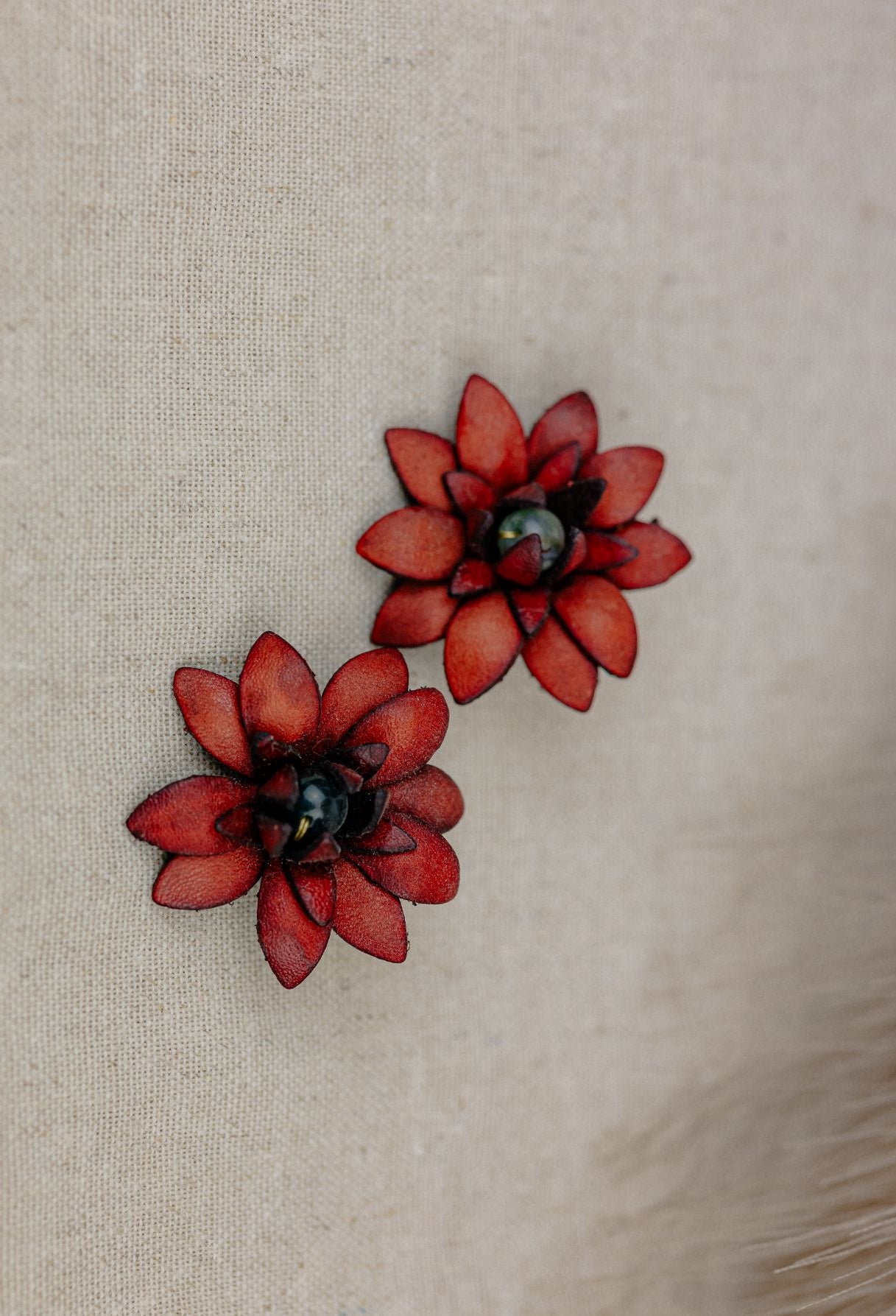 Dahlia & Gemstone Leather Stud Earrings, Burgundy