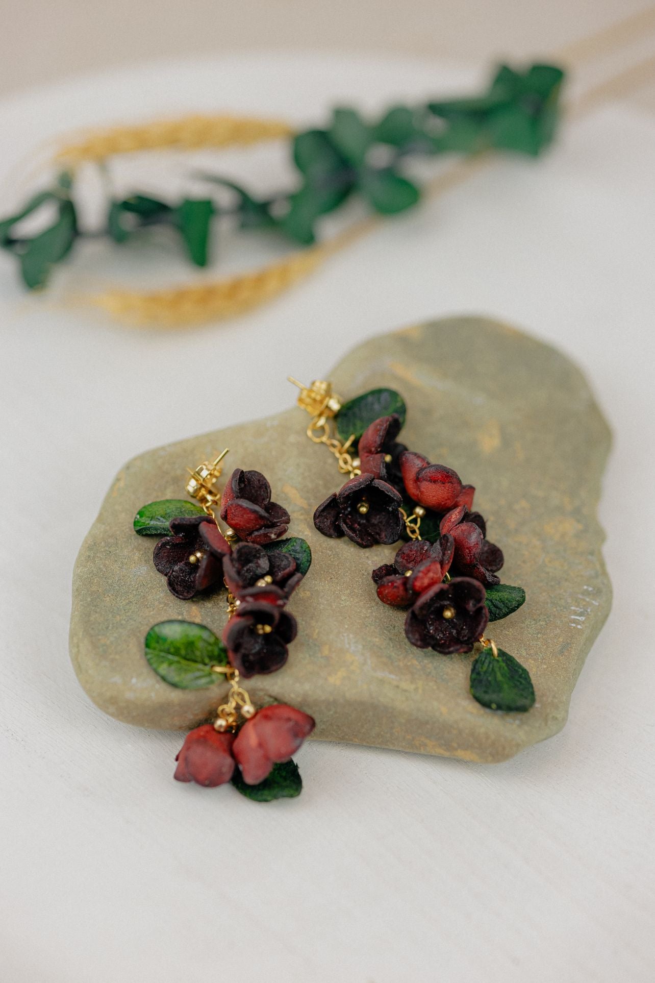 Cascading Flower Leather Drop Earrings — Burgundy & Green