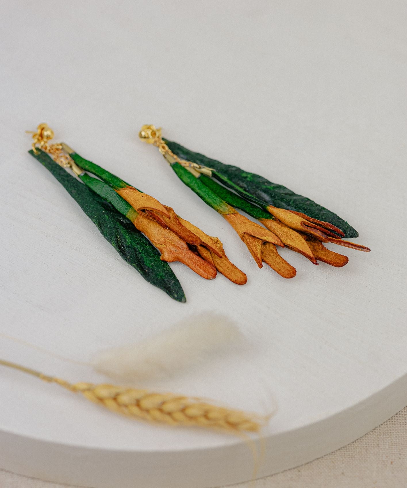Bird of Paradise Leather Drop Earrings — Green & Amber