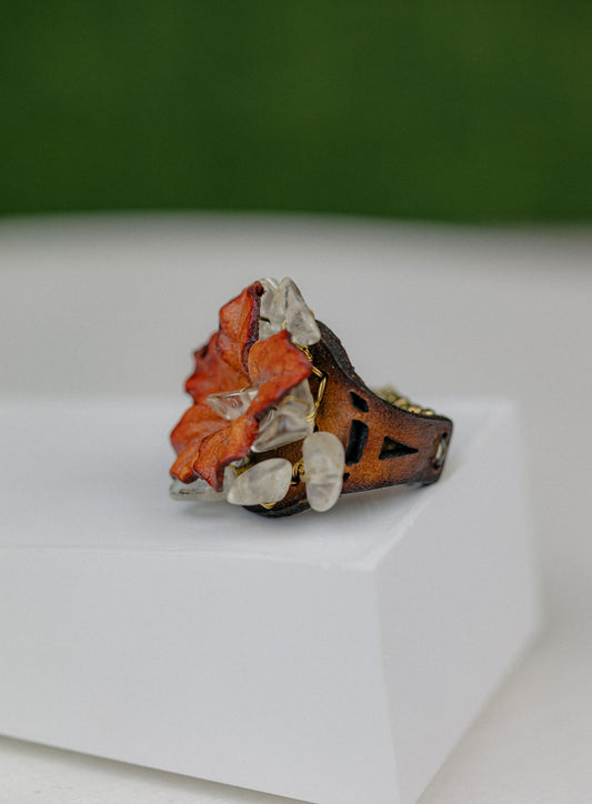 Flower & Crystal Leather Ring — Terracotta