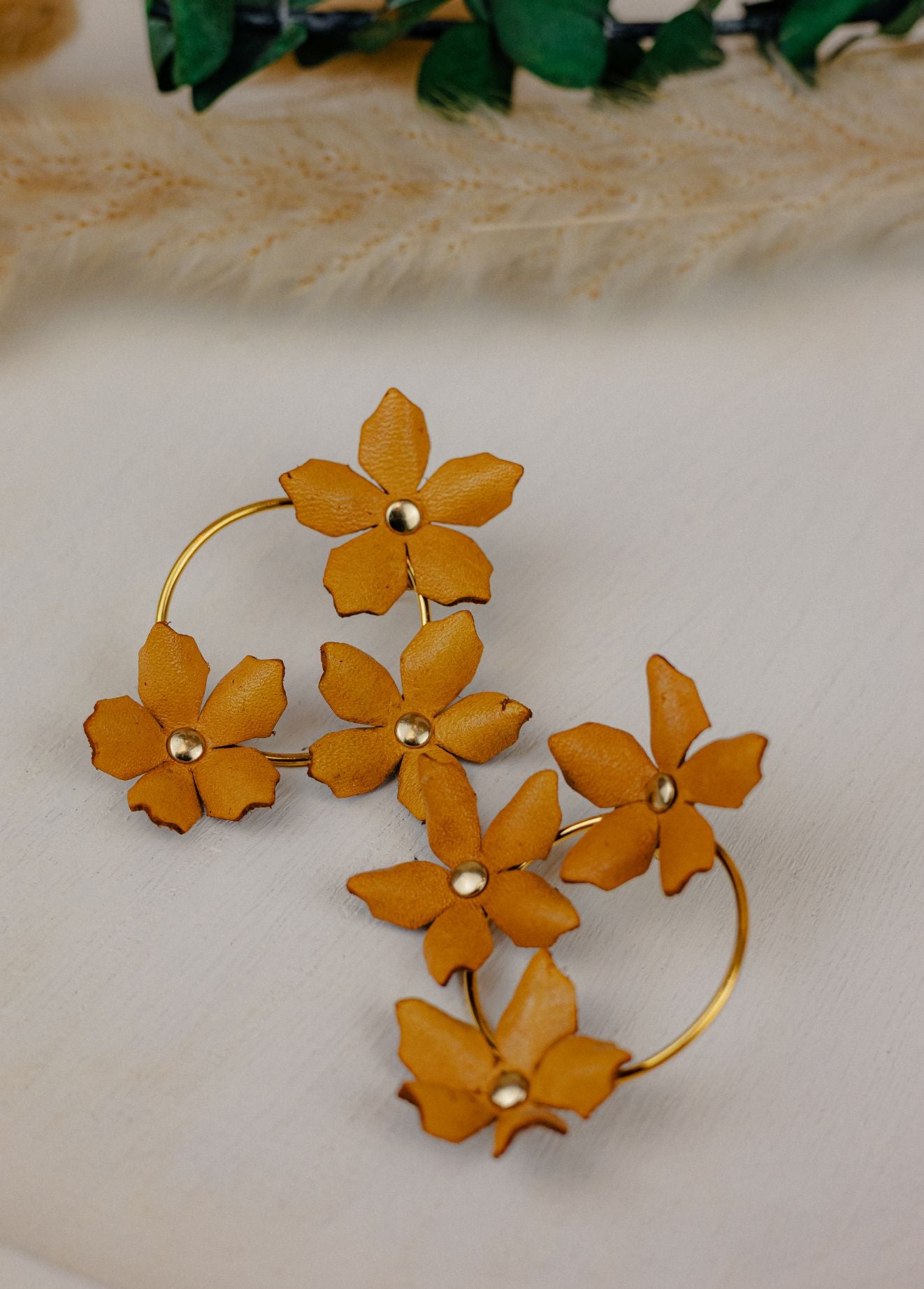 Triple Flower Leather Hoop Earrings — Amber