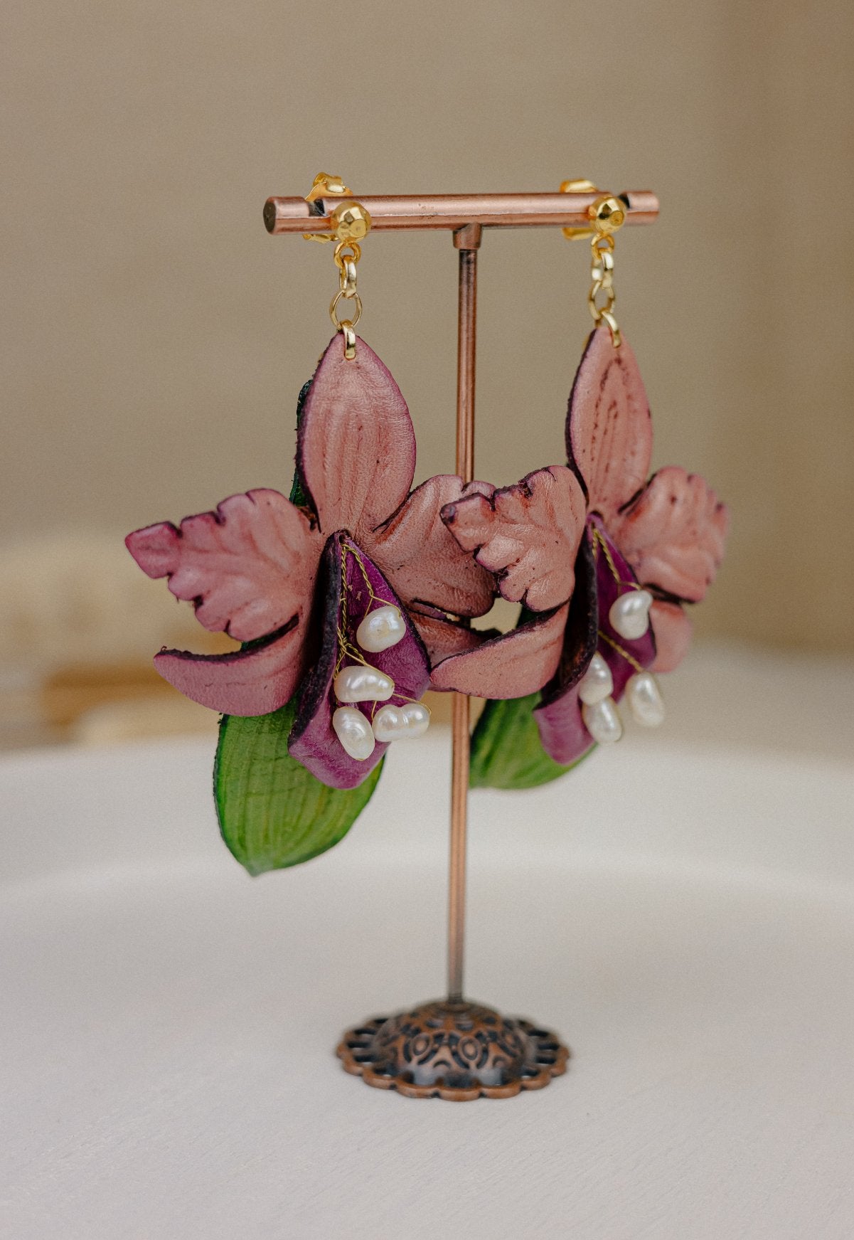Cattleya Orchid & Baroque Pearl Leather Drop Earrings, Mauve