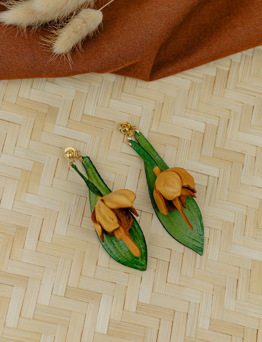 Field Flower Leather Drop Earrings — Camel & Green