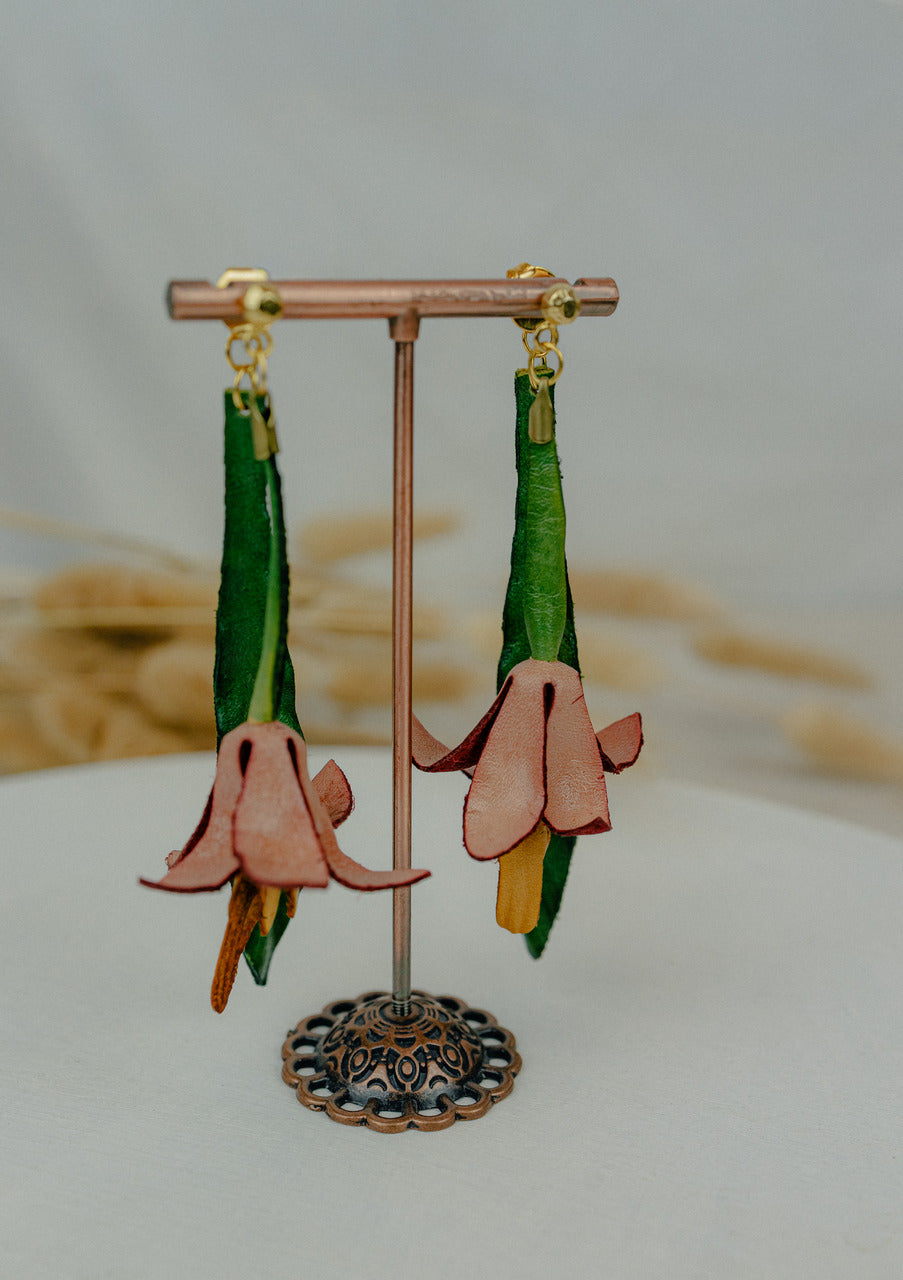 Tropical Lily Leather Drop Earrings — Green, Rose & Amber