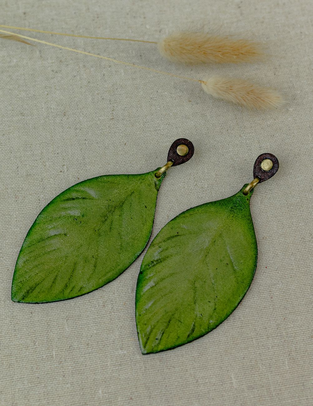 Painted Leaf Leather Drop Earrings — Grass Green