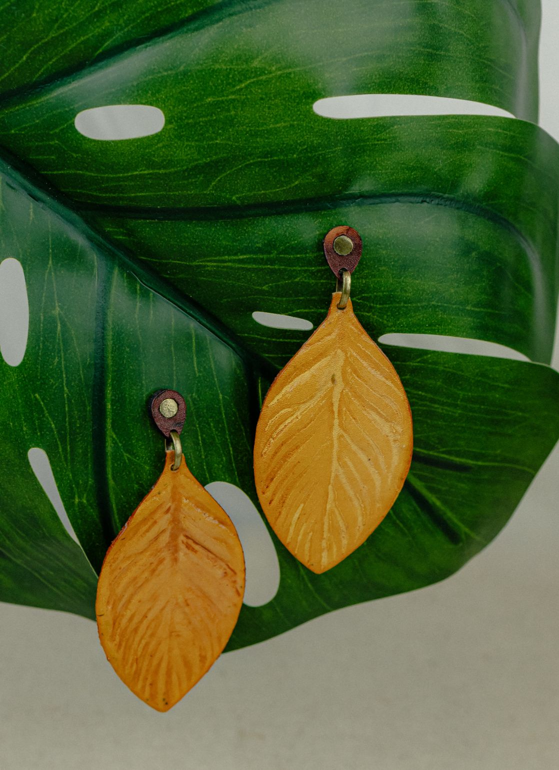 Painted Leaf Leather Drop Earrings — Mustard
