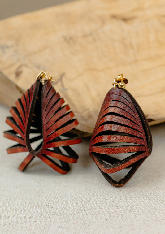 Fan Leaf Layered Leather Drop Earrings, Rust