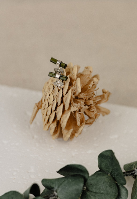 Raw Green Tourmaline 925 Sterling Silver Column Stud Earrings