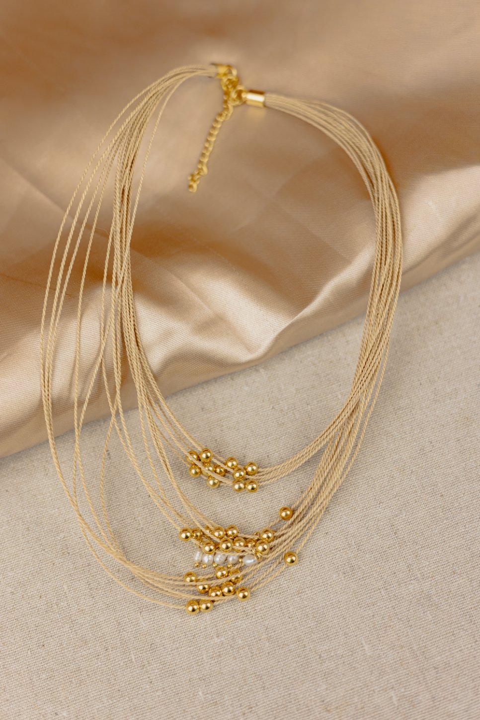 Buriti Palm Multi-Strand Necklace with Gold & Pearl Cluster