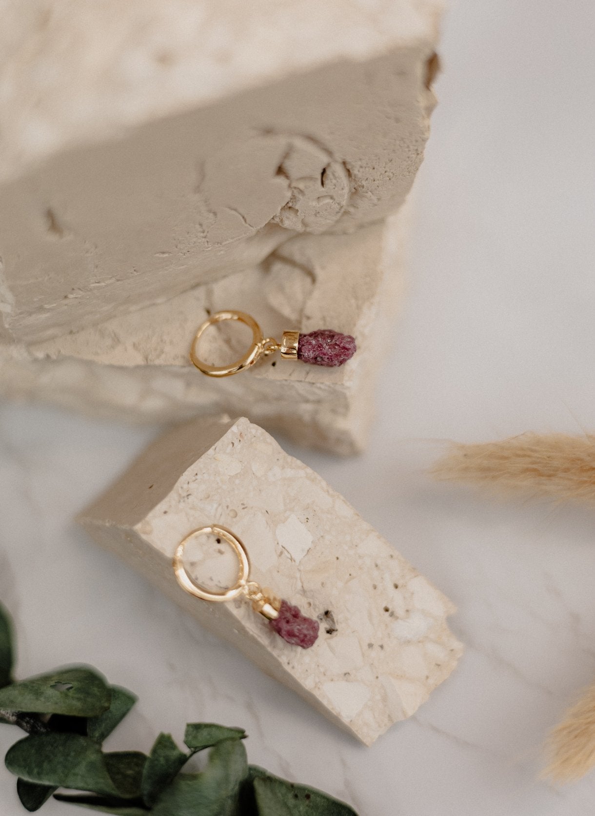 Raw Pink Tourmaline Gold Huggie Hoop Earrings