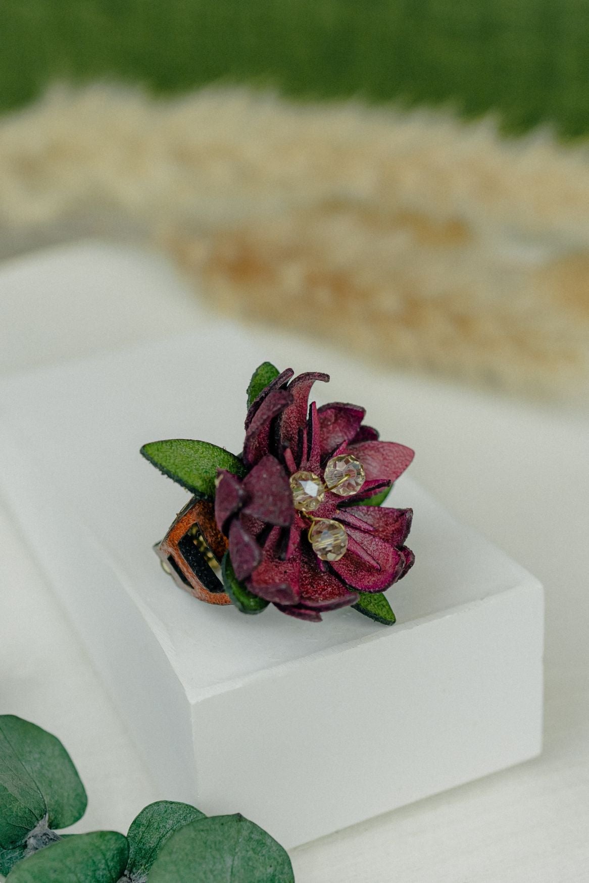 Wild Flower Leather Ring — Deep Purple & Crystal