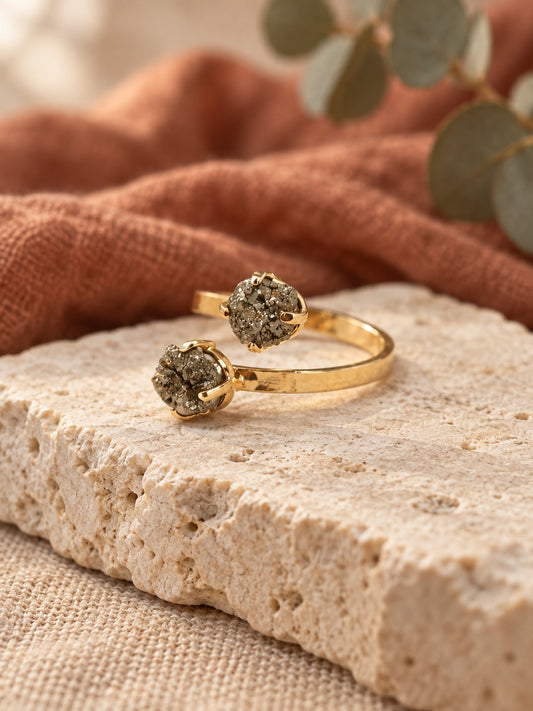 Raw Pyrite 18k Gold Vermeil Double Stone Bypass Ring