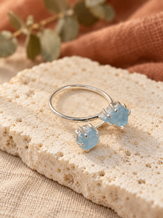 Raw Aquamarine 925 Sterling Silver Double Stone Bypass Ring