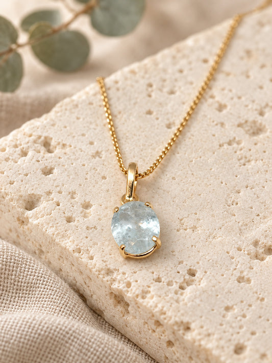 Faceted Aquamarine 18k Gold Vermeil Oval Pendant Necklace, Pale Blue