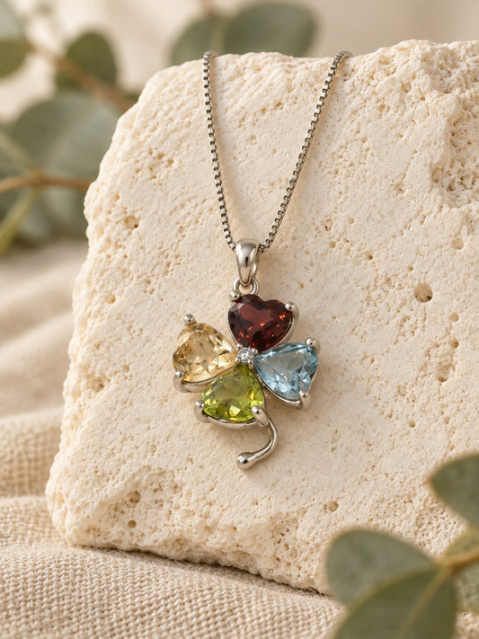 Multi Gemstone 925 Sterling Silver Four Leaf Clover Pendant Necklace